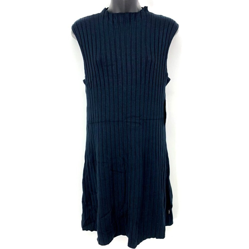 RVCA Dress Size Large Black Banked Rib Knit Mock Neck Sleeveless Shift Women New